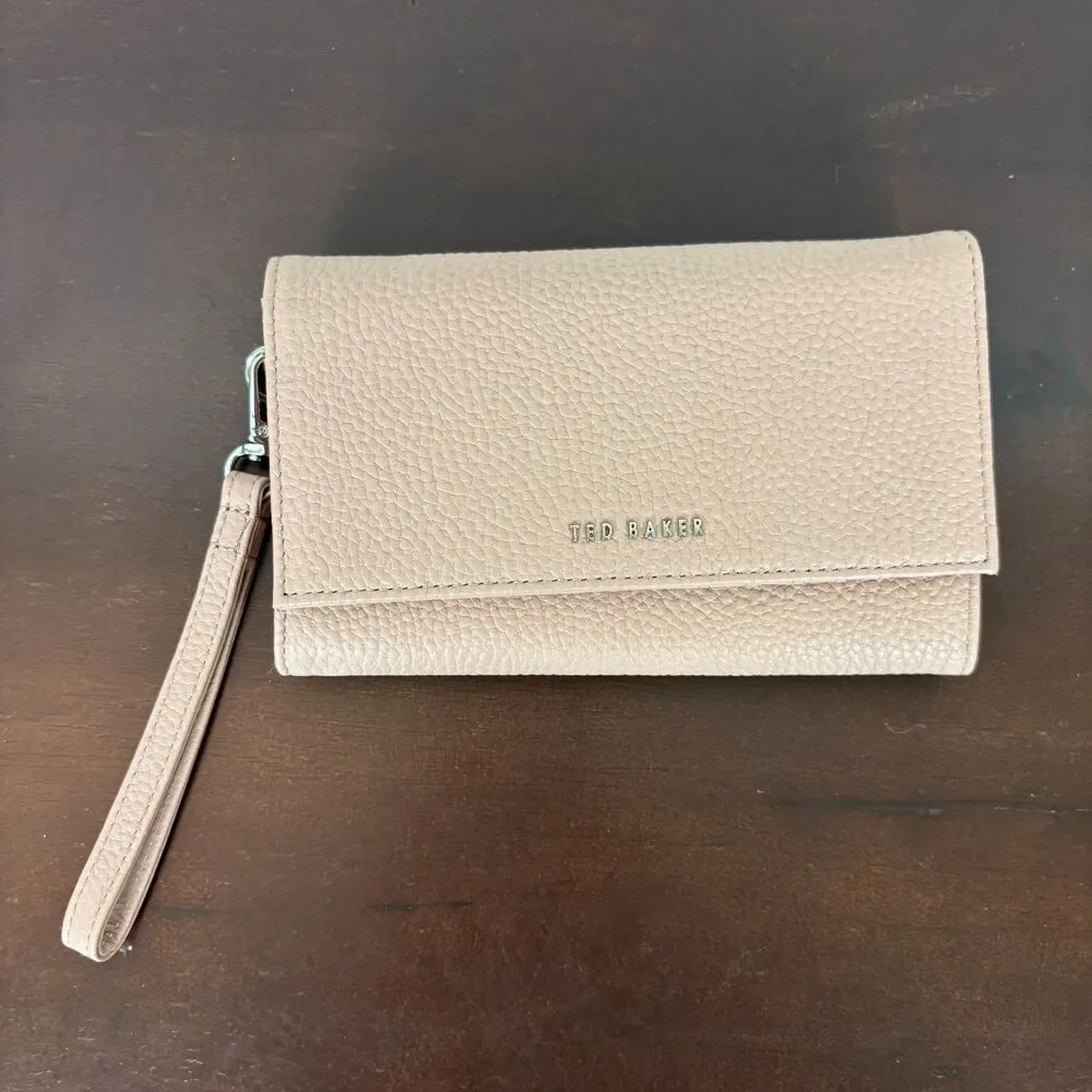 NWT Ted Baker Pebbled Taupe Tan Textured French Purse Leather Wallet Wristlet